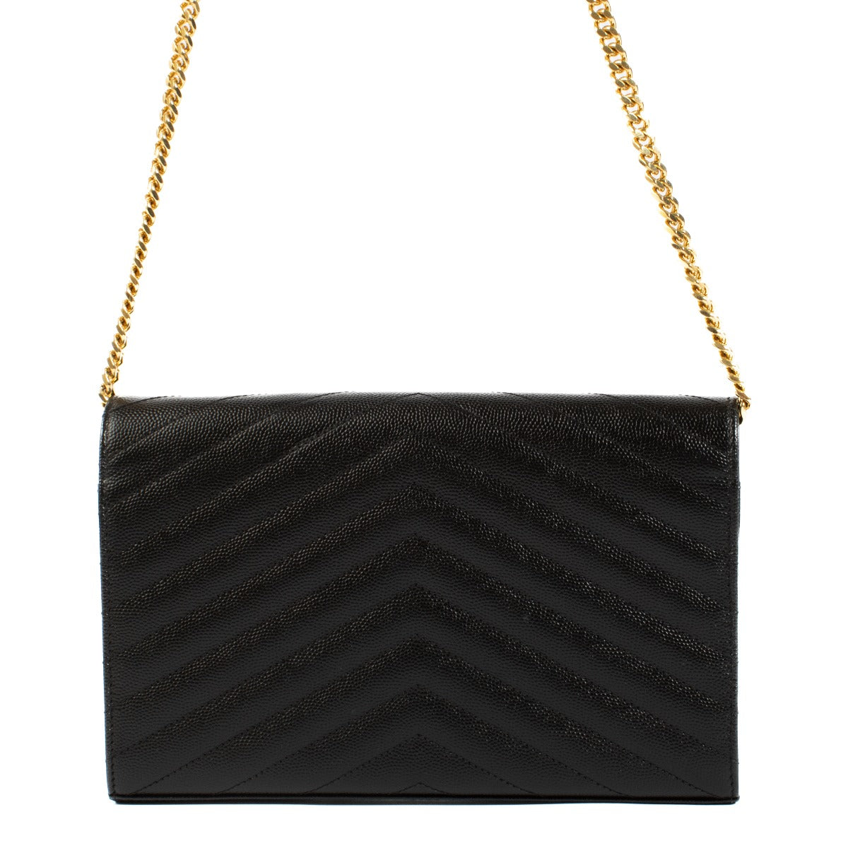 Saint Laurent Black Cassandre Chain Wallet, featuring a smooth black leather design with the iconic YSL logo. Buy now on Labellov.com.