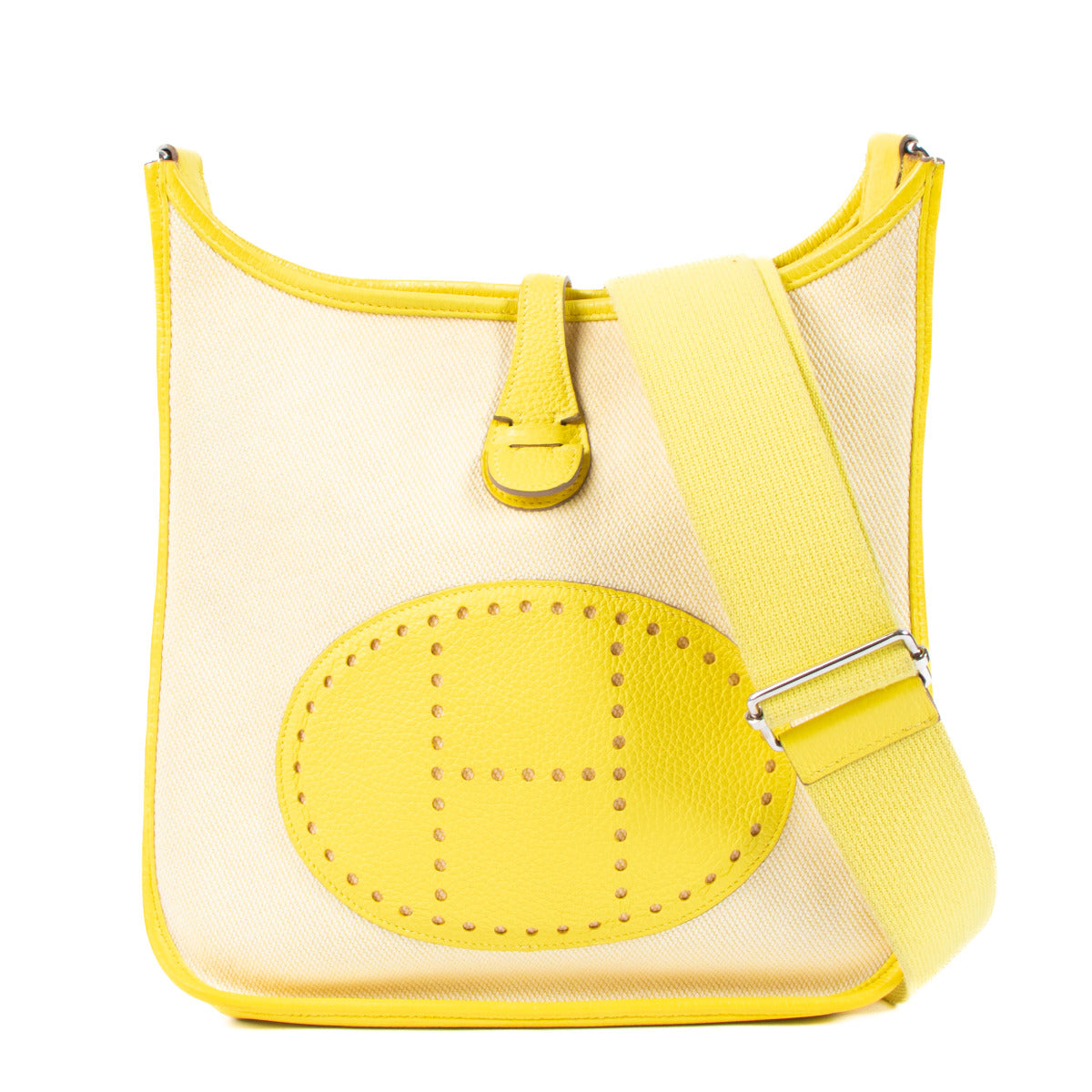 Hermès Evelyne 29 Ecru Toile Lime Yellow Leather Bag aan de beste prijs bij Labellov tweedehands luxe in Antwerpen en Knokke.