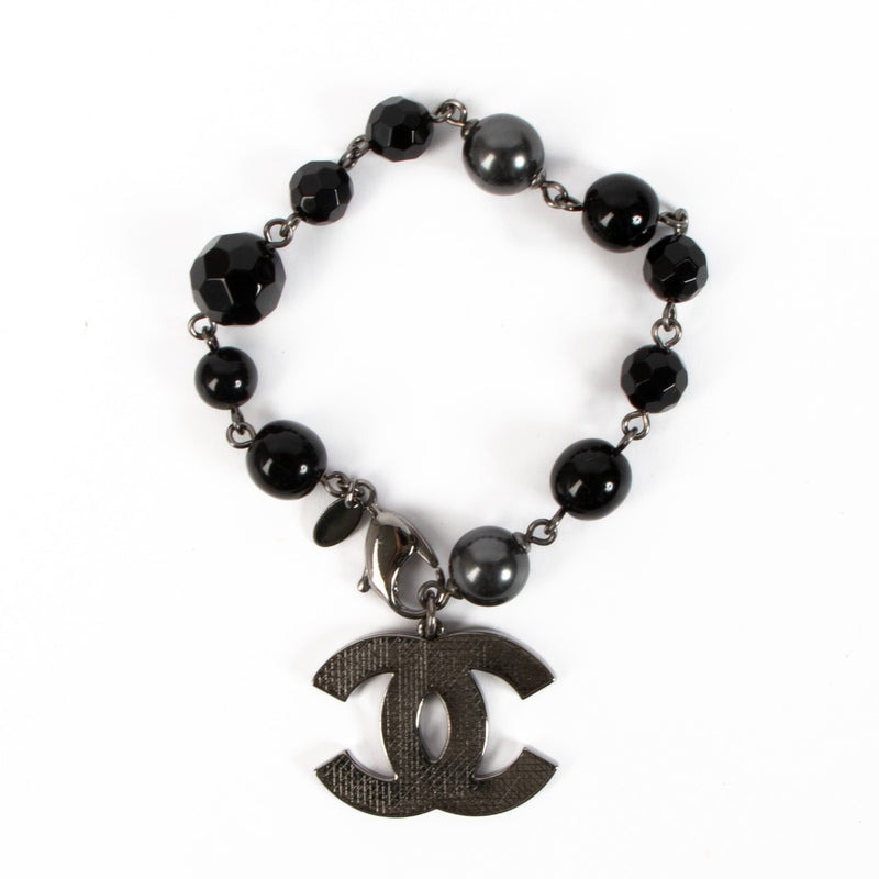 Chanel 12V Black Ruthenium Pearl Beaded CC Bracelet