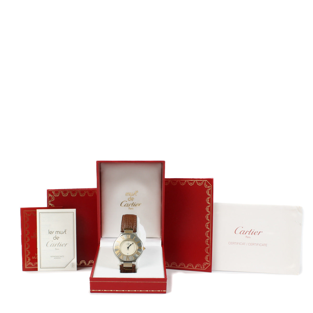 Full set Must de Cartier Brown Must 21 Watch available at Labellov secondhand luxury in Antwerp. Shop worldwide for the best price.