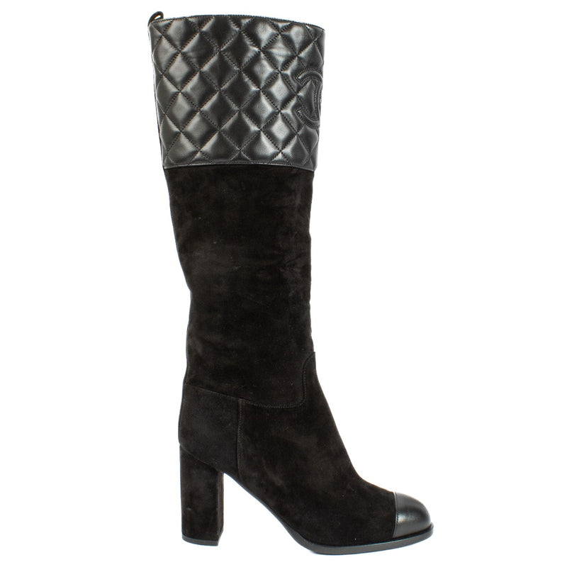 Chanel Tall Black Velvet and Leather Boots - size 37