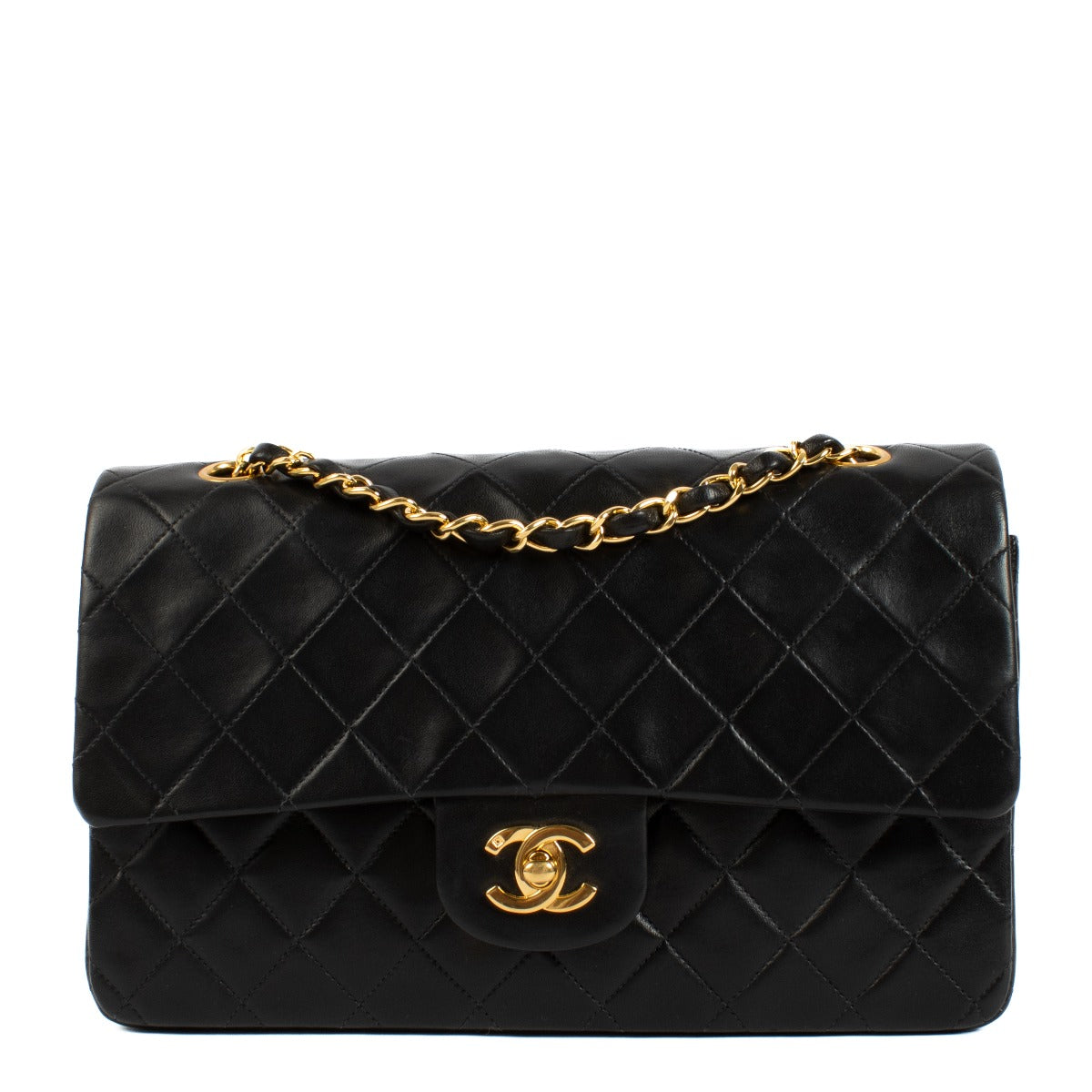 Sac à rabat classique moyen Chanel vintage en agneau noir