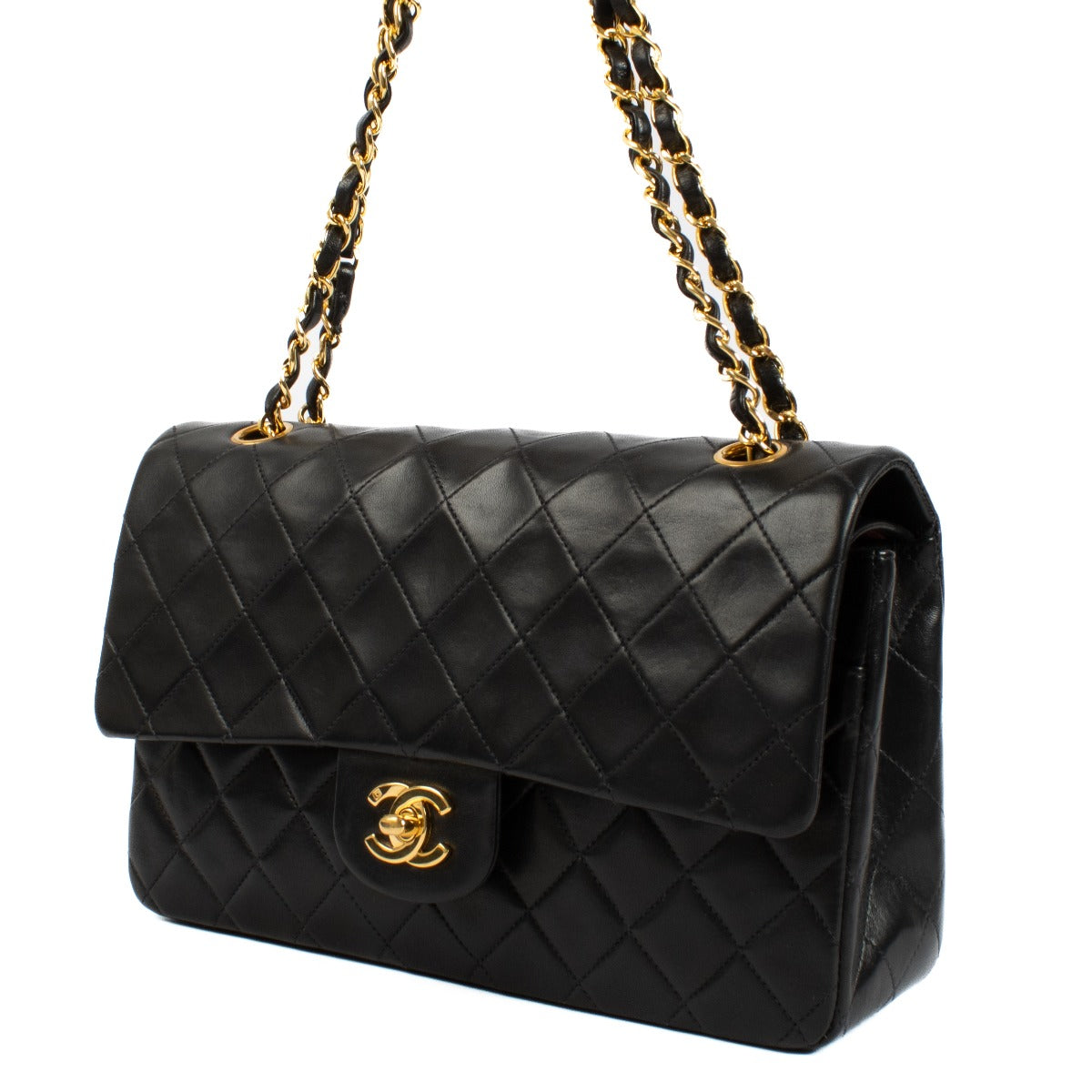 Sac à rabat classique moyen Chanel vintage en agneau noir