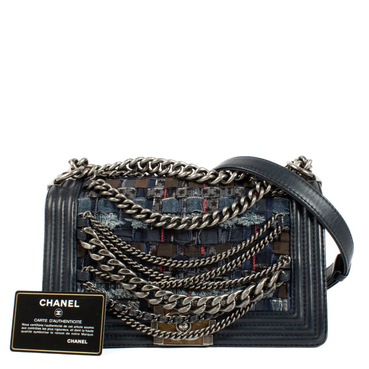 Chanel Blauwe Denim Tweed Enchained Medium Boy Bag