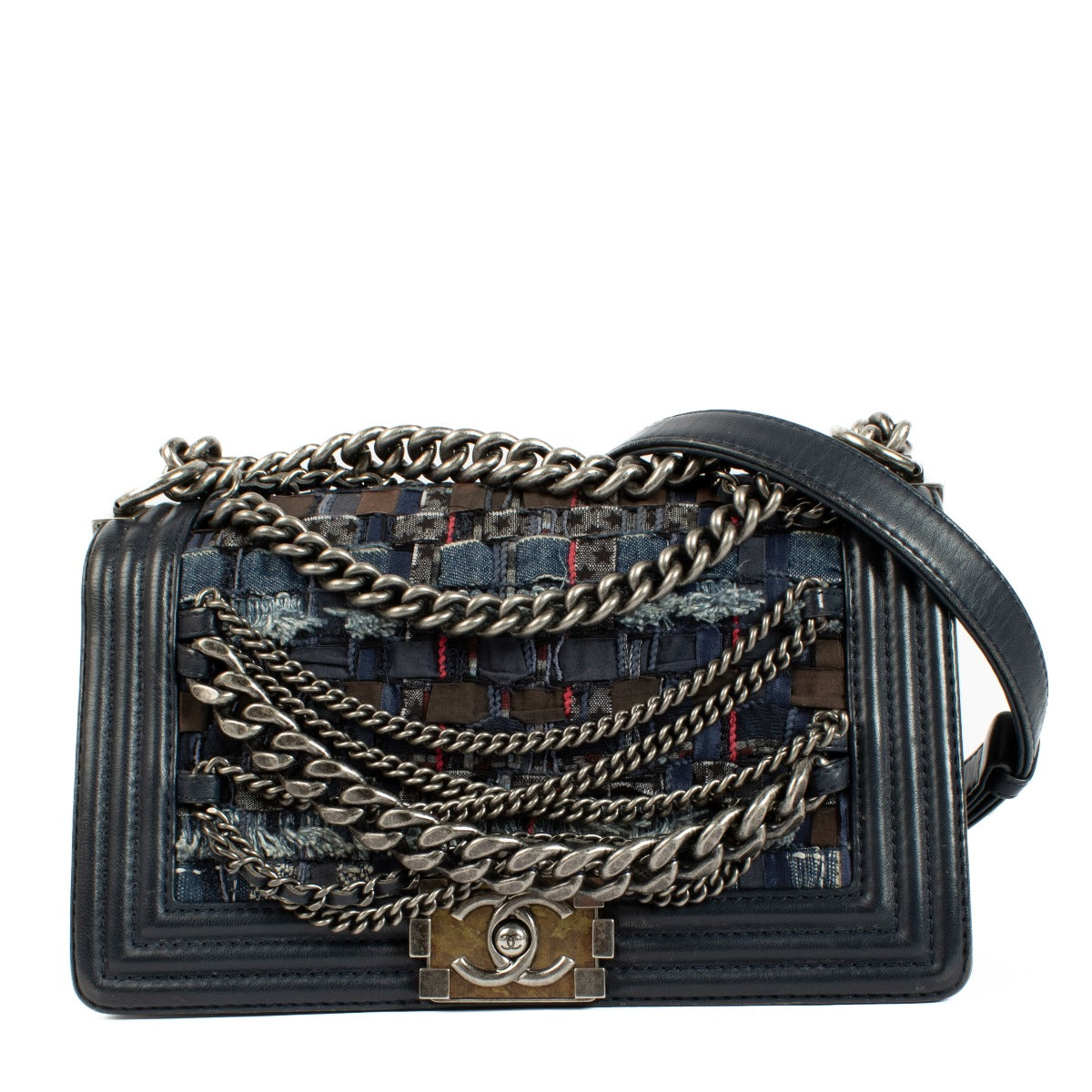Chanel Blauwe Denim Tweed Enchained Medium Boy Bag