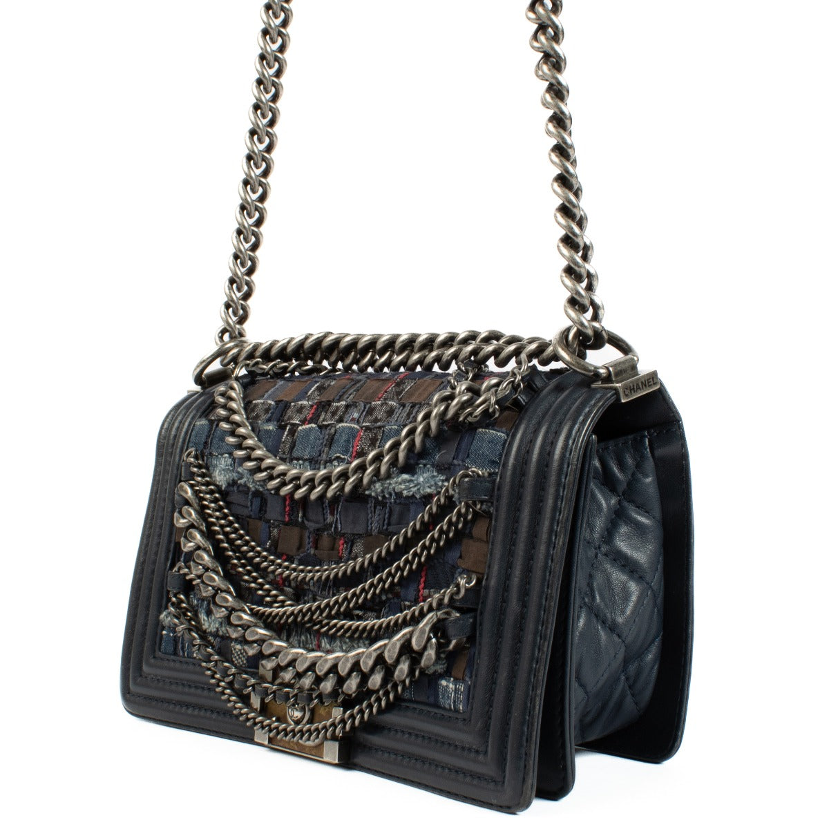 Chanel Blauwe Denim Tweed Enchained Medium Boy Bag