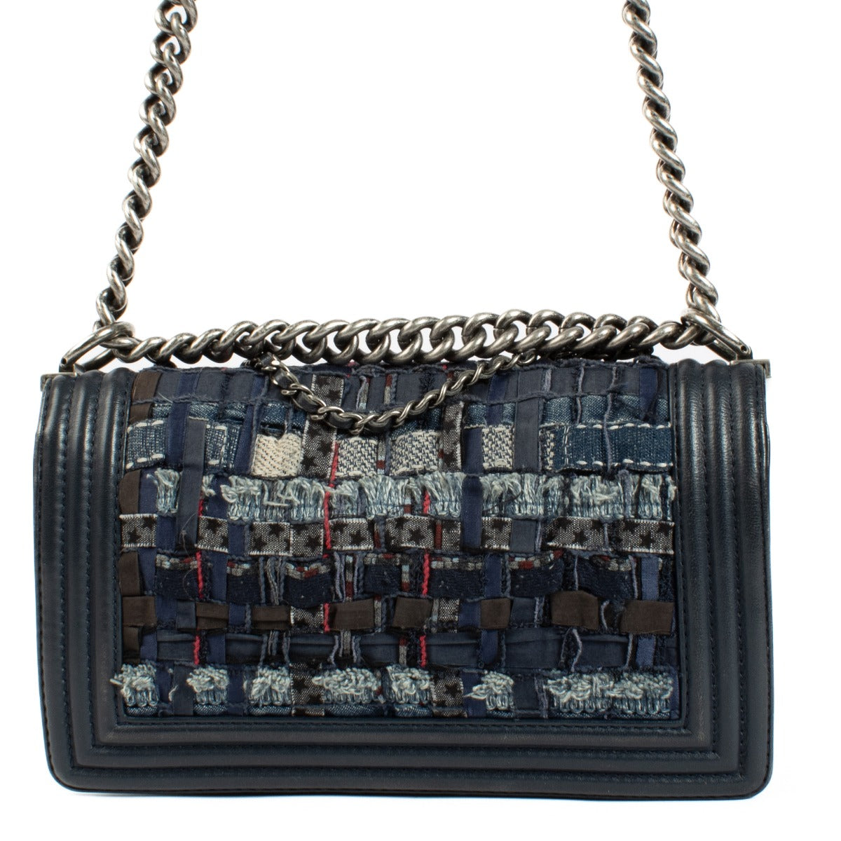 Chanel Blauwe Denim Tweed Enchained Medium Boy Bag