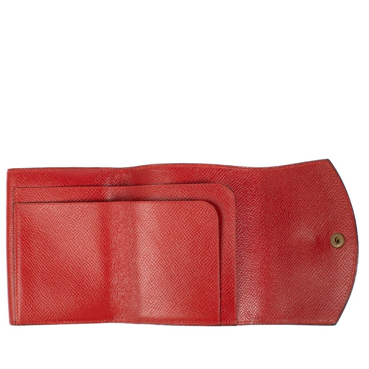 Hermès Red Leather Wallet, compact and stylish, with compartments for cards, cash, and coins in a vibrant red design. Shop now on Labellov.com.