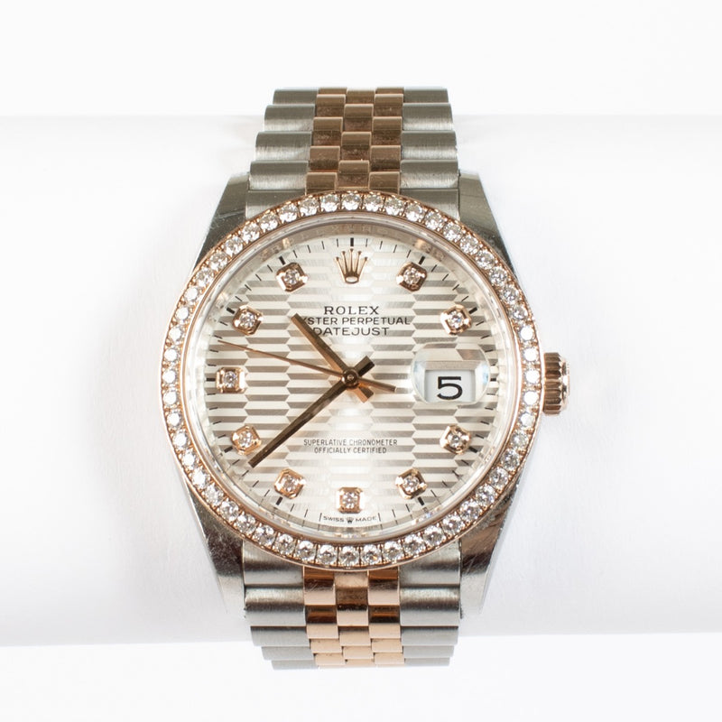 Rolex Datejust 36 Ref. 126281RBR in Everose Rolesor with diamond bezel. A timeless, elegant Rolex in excellent pre-loved condition.