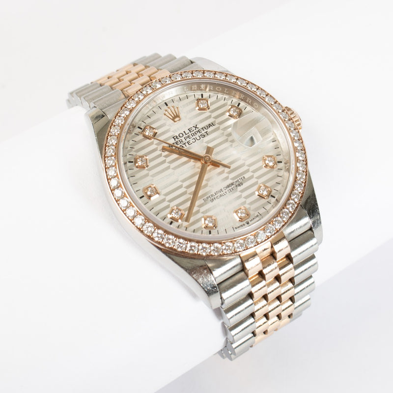 Rolex Datejust 36 Ref. 126281RBR in Everose Rolesor with diamond bezel. A timeless, elegant Rolex in excellent pre-loved condition.