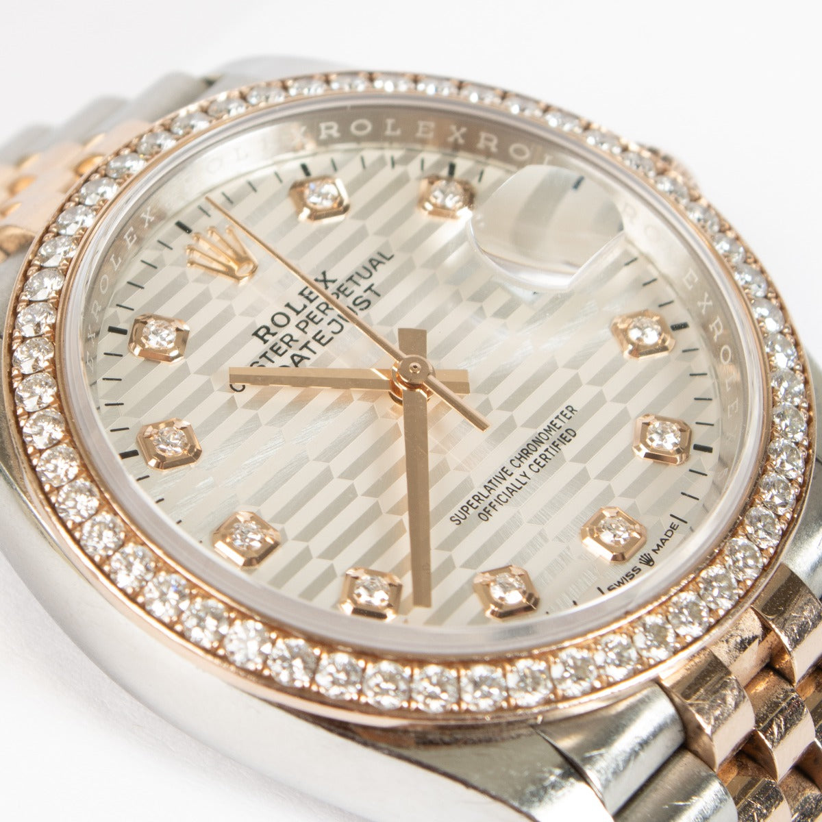 Rolex Datejust 36 Ref. 126281RBR in Everose Rolesor with diamond bezel. A timeless, elegant Rolex in excellent pre-loved condition.