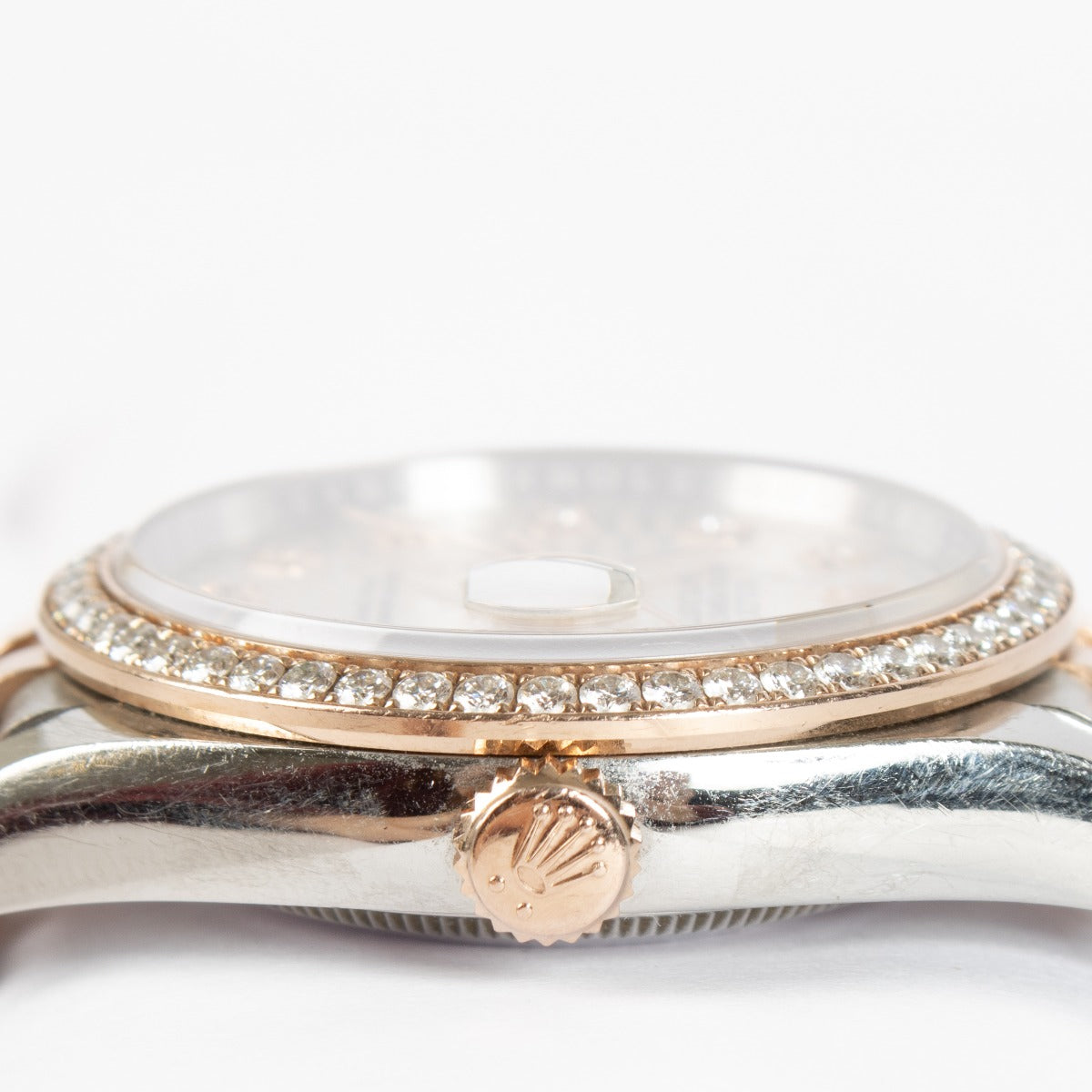 Rolex Datejust 36 Ref. 126281RBR in Everose Rolesor with diamond bezel. A timeless, elegant Rolex in excellent pre-loved condition.