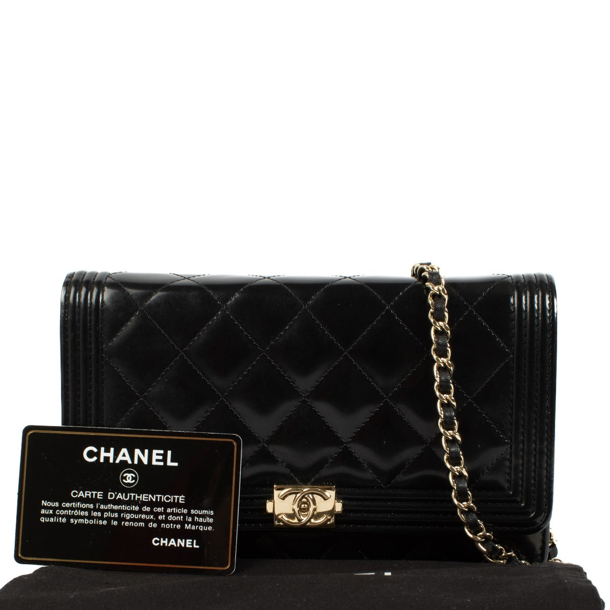 Shop 100% authentic secondhand Chanel Black Patent Boy Wallet On Chain on Labellov.com