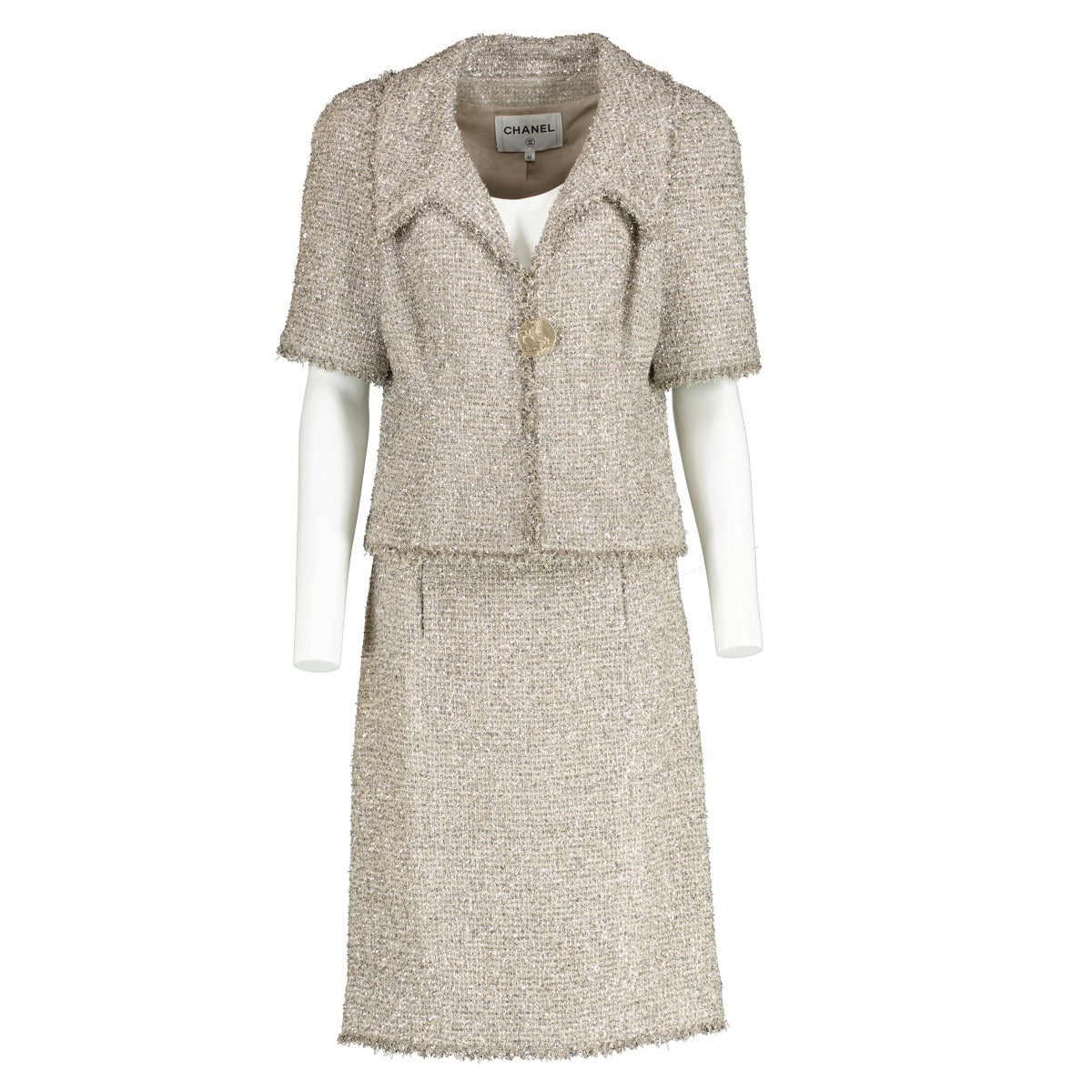 Chanel 18C Silver Jacket/Skirt Set - size 40