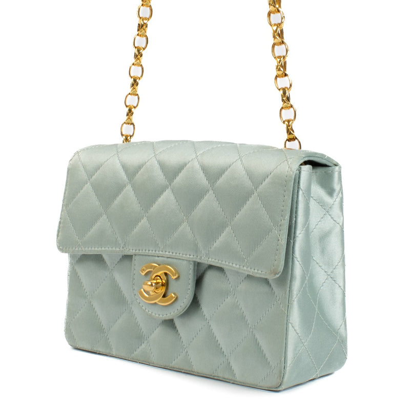 Chanel Vintage Baby Blue Satin Mini Square Classic Flap Bag
