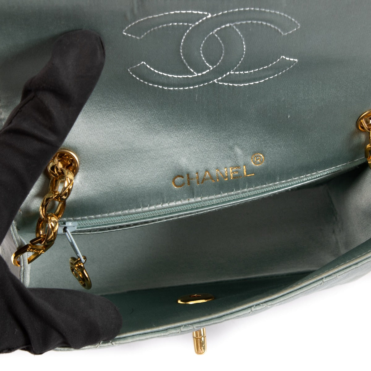Chanel Vintage Baby Blue Satin Mini Square Bijoux Chain Classic Flap Bag