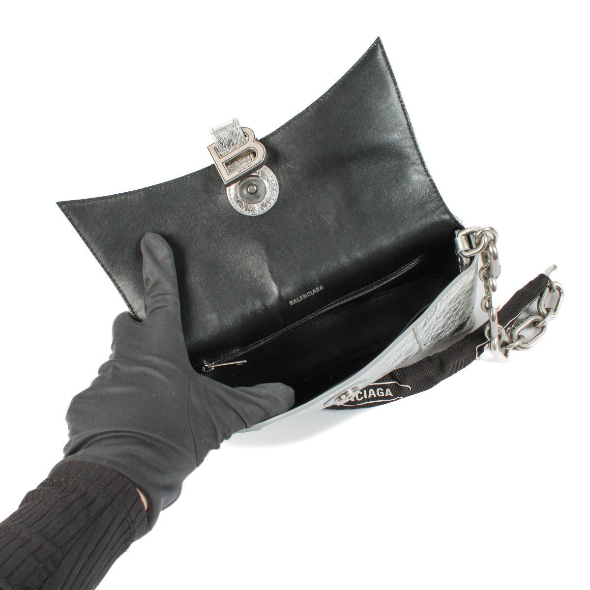 Balenciaga Metallic Silver Calfskin Downtown XS Chain Bag
