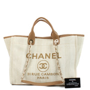 Are you looking for an authentic designer bag? We buy and sell your preloved and new items for the best price! Chanel Beige Striped Canvas Deauville Shopper Bag