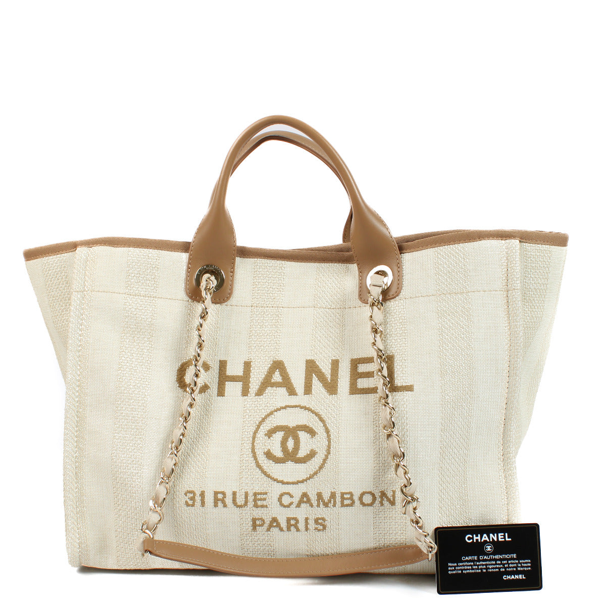 Are you looking for an authentic designer bag? We buy and sell your preloved and new items for the best price! Chanel Beige Striped Canvas Deauville Shopper Bag