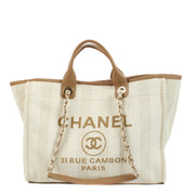 Chanel Beige Striped Canvas Deauville Shopper Bag for the best price at Labellov secondhand luxury in Antwerp and Knokke. Buy and sell your preloved and brand new designer bags.