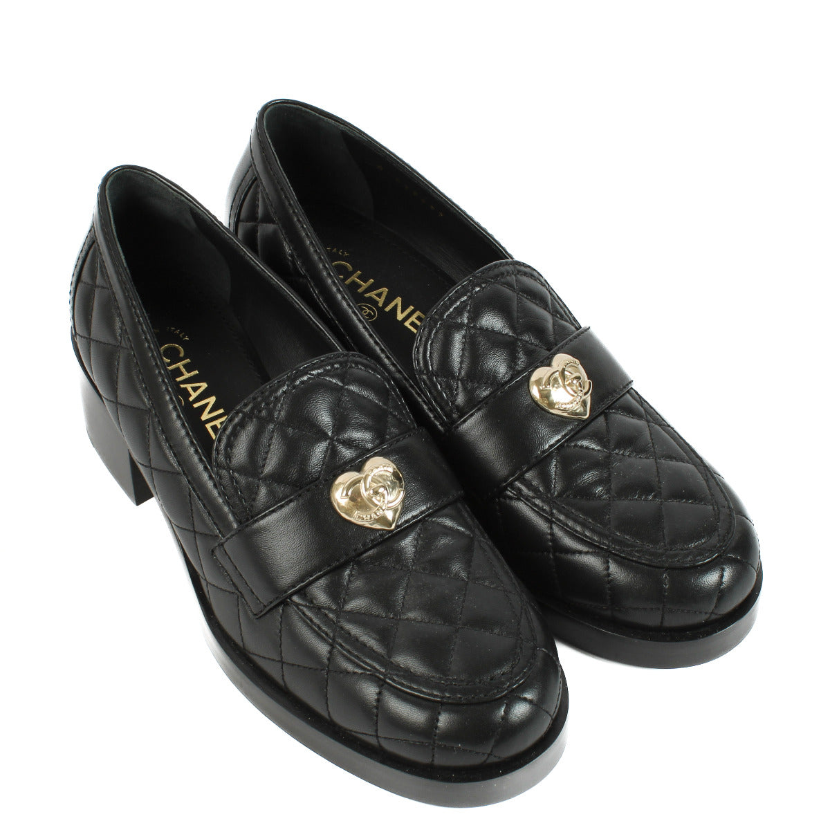 Chanel Black Quilted Heart Heeled Loafers
