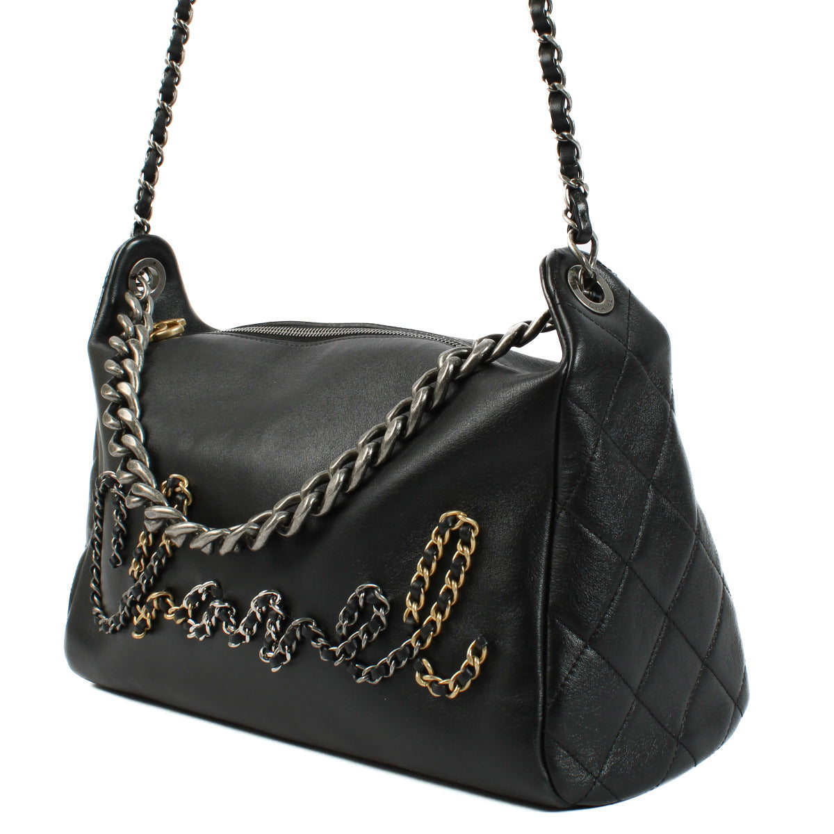 Chanel Black Calfskin Chain 20s Signature Hobo Bag