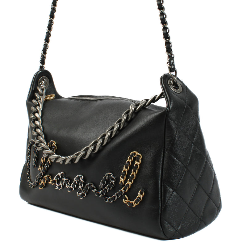 Chanel Black Calfskin Chain 20s Signature Hobo Bag