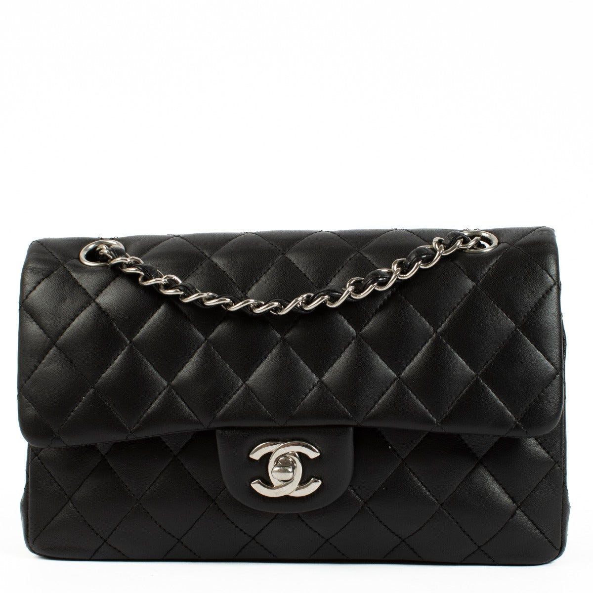 Chanel Black Lambskin Small Classic Bag with silver-tone hardware and turnlock closure, showcasing a smooth, elegant finish. Shop now on Labellov.com.