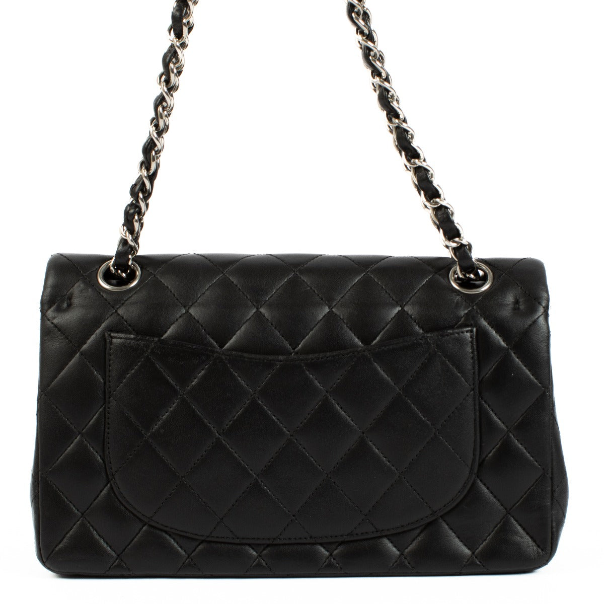 Chanel Black Lambskin Small Classic Bag with silver-tone hardware and turnlock closure, showcasing a smooth, elegant finish. Shop now on Labellov.com.