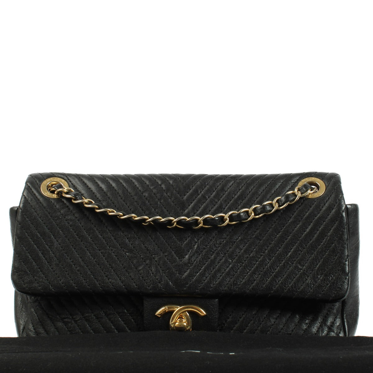 Chanel Black Chevron Crumpled Goatskin Medium Flap Bag