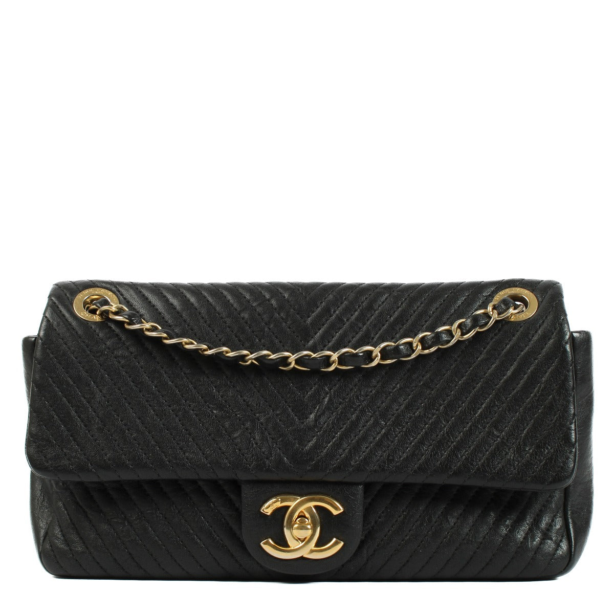 Chanel Black Chevron Crumpled Goatskin Medium Flap Bag