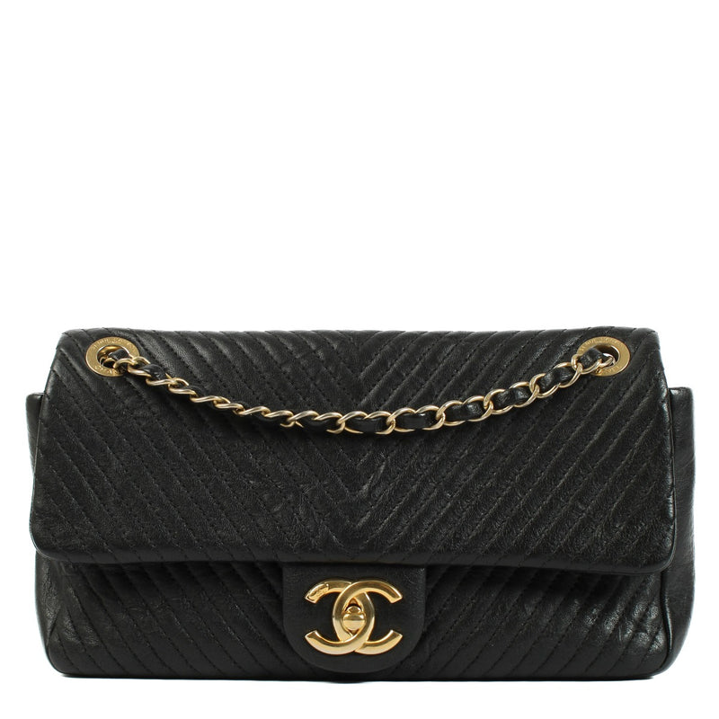 Chanel Black Chevron Crumpled Goatskin Medium Flap Bag
