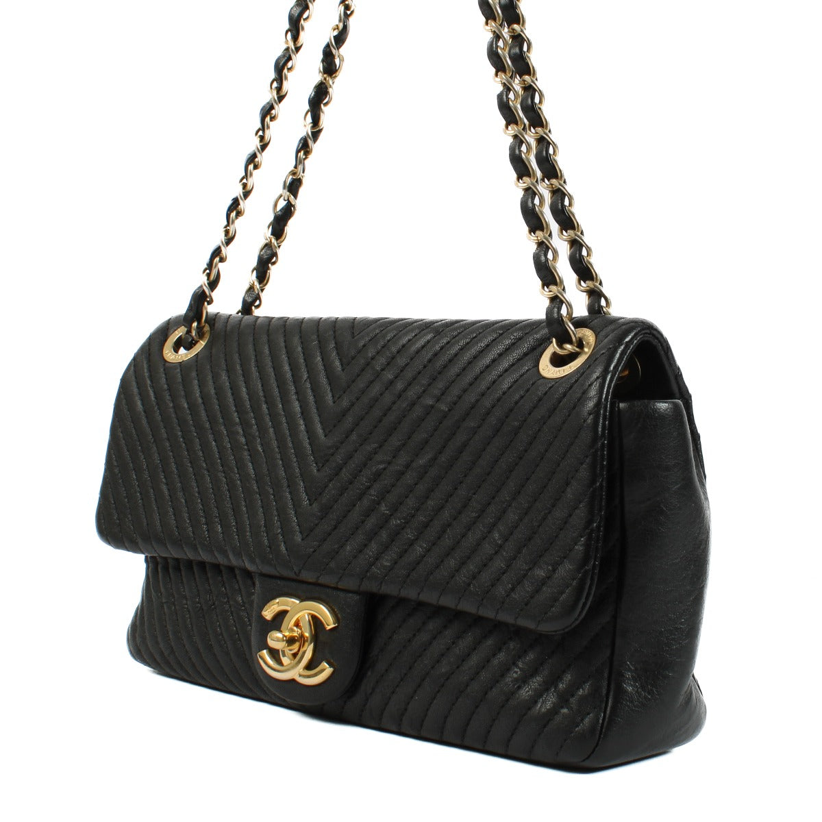 Chanel Black Chevron Crumpled Goatskin Medium Flap Bag