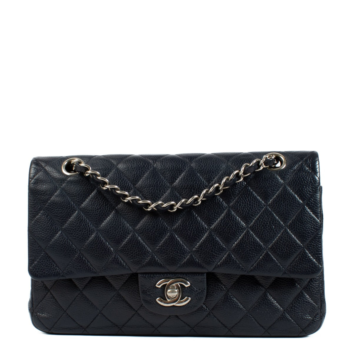Chanel Navy Caviar Medium Classic 11.12 Bag with gold-tone hardware, quilted leather, and signature CC turn-lock closure. Elegant and versatile with a chain-link strap. Shop now on Labellov.com.
