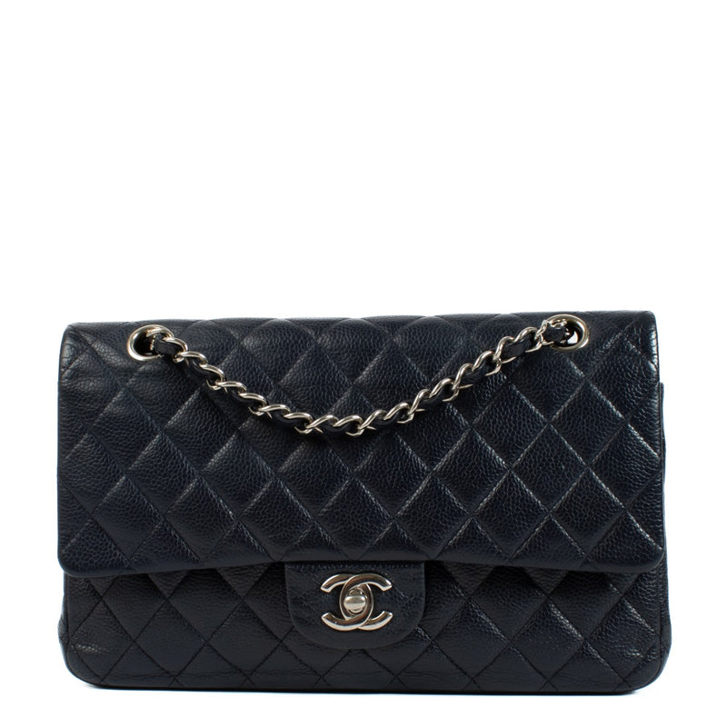Chanel Navy Caviar Medium Classic 11.12 Bag with gold-tone hardware, quilted leather, and signature CC turn-lock closure. Elegant and versatile with a chain-link strap. Shop now on Labellov.com.