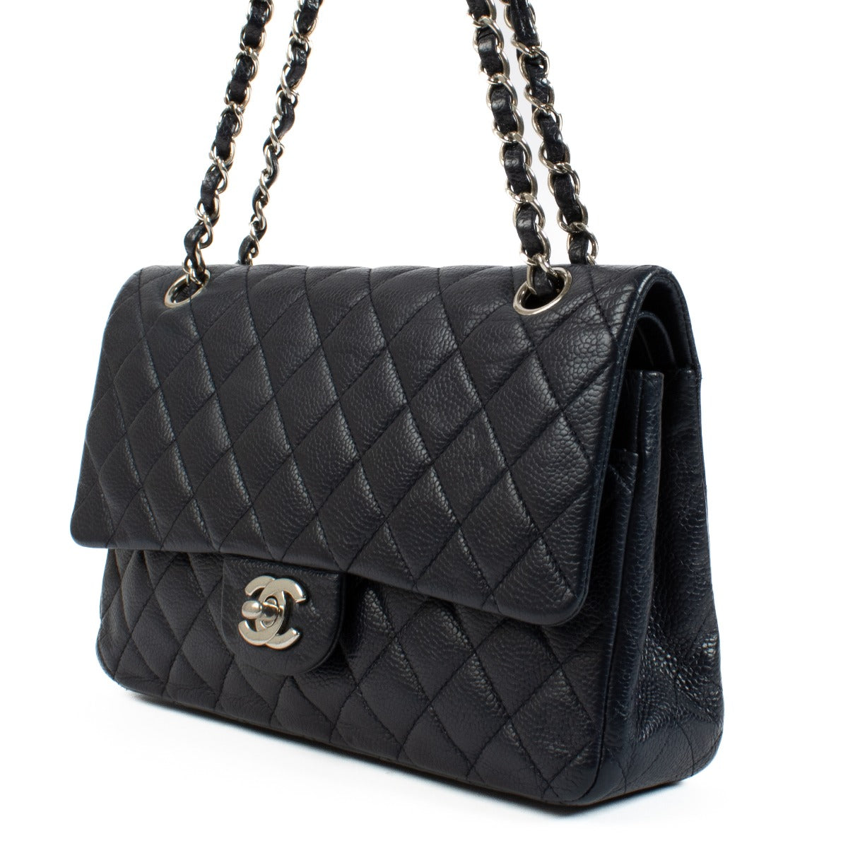 Chanel Navy Caviar Medium Classic 11.12 Bag with gold-tone hardware, quilted leather, and signature CC turn-lock closure. Elegant and versatile with a chain-link strap. Shop now on Labellov.com.