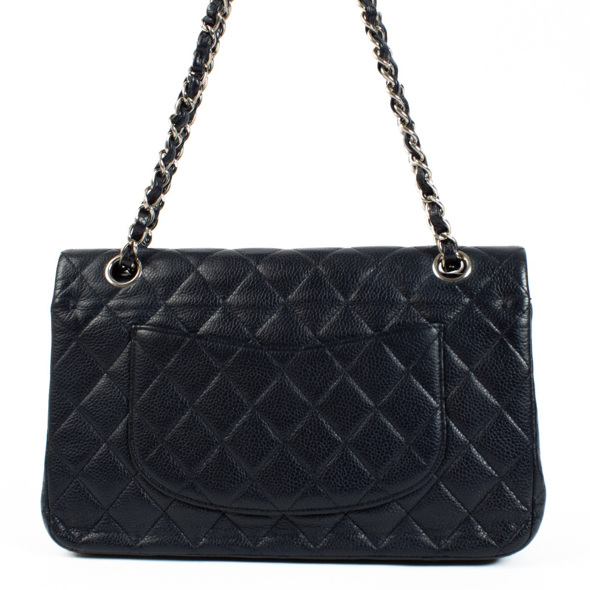 Chanel Navy Caviar Medium Classic 11.12 Bag with gold-tone hardware, quilted leather, and signature CC turn-lock closure. Elegant and versatile with a chain-link strap. Shop now on Labellov.com.