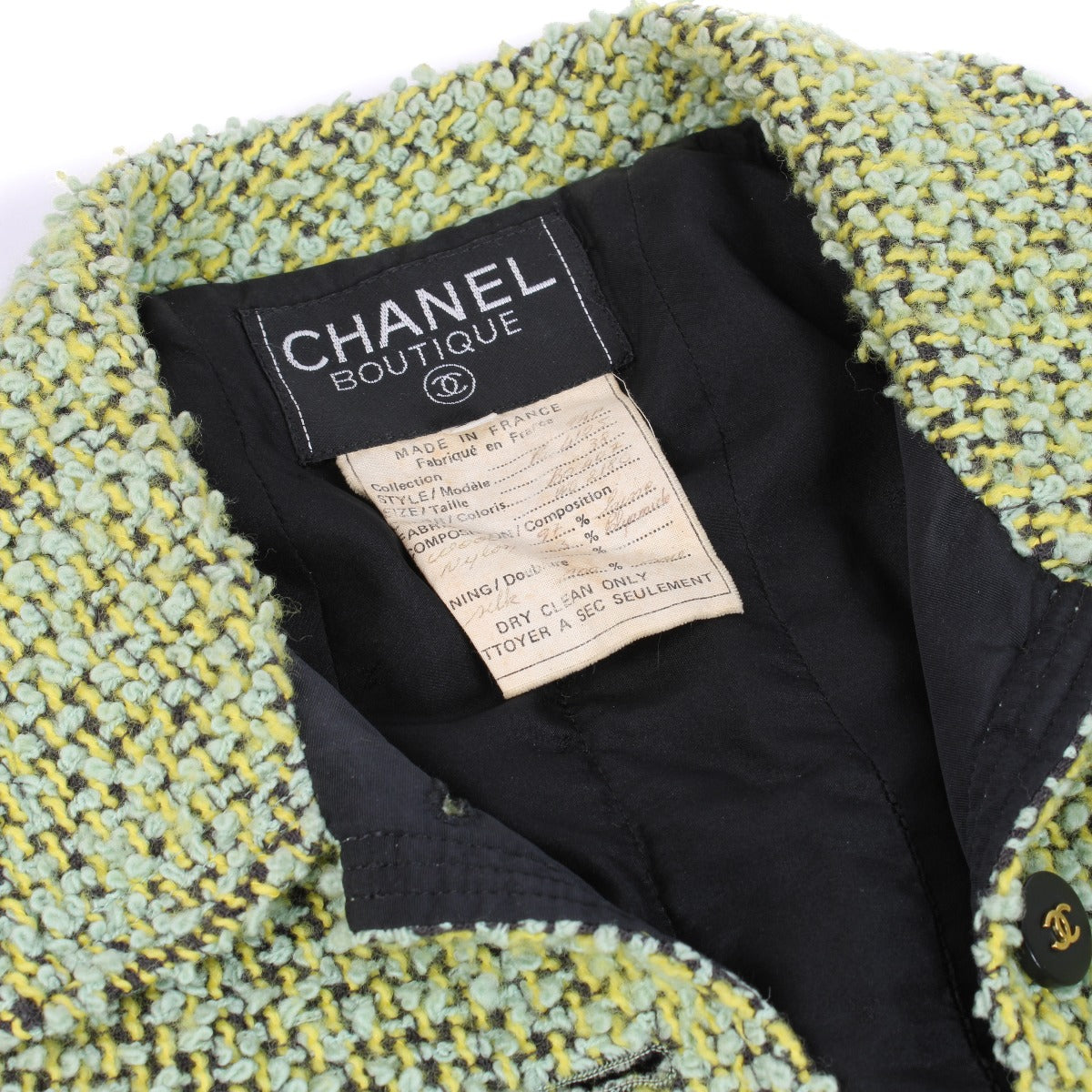Chanel 94A Green Tweed Jacket/Skirt Set - Size FR38