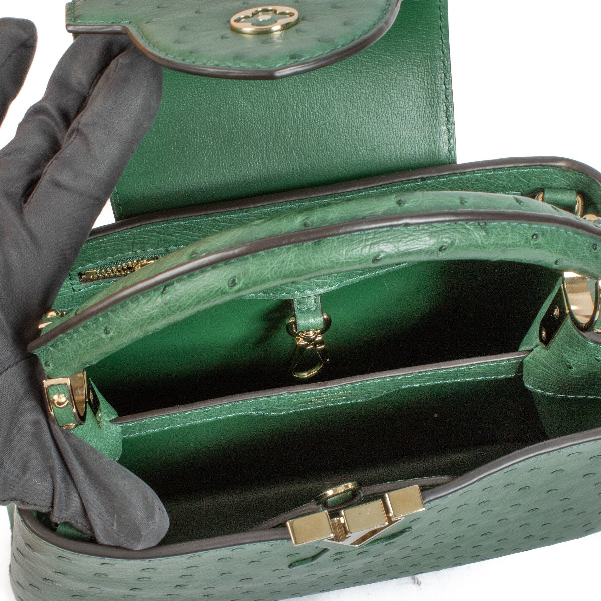 Authentic second hand Louis Vuitton Green Mini Ostrich Capucines BB Bag on Labellov.com