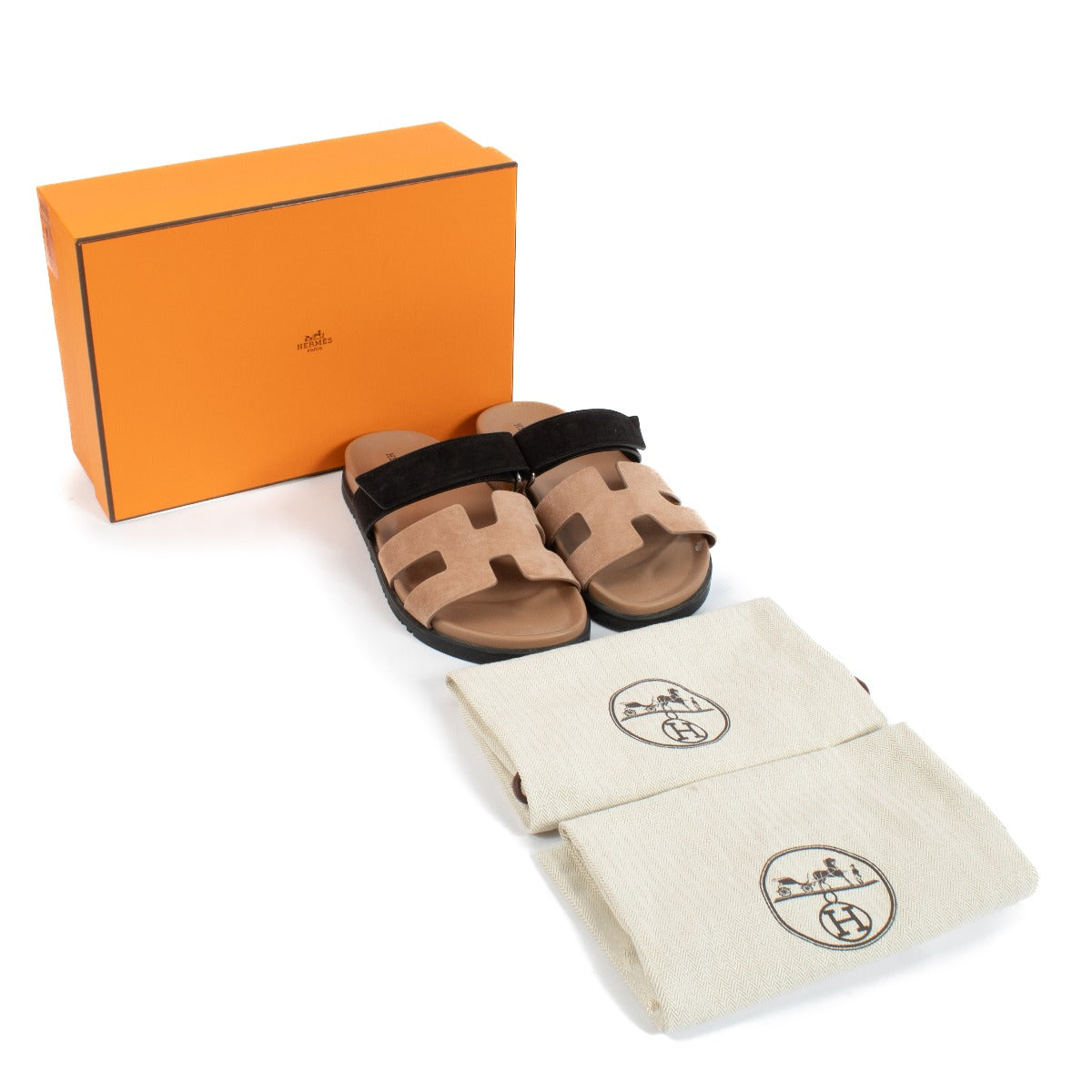 Hermès Rose Perle/Black Suede Goatskin Chypre Sandalen - Maat 38.5