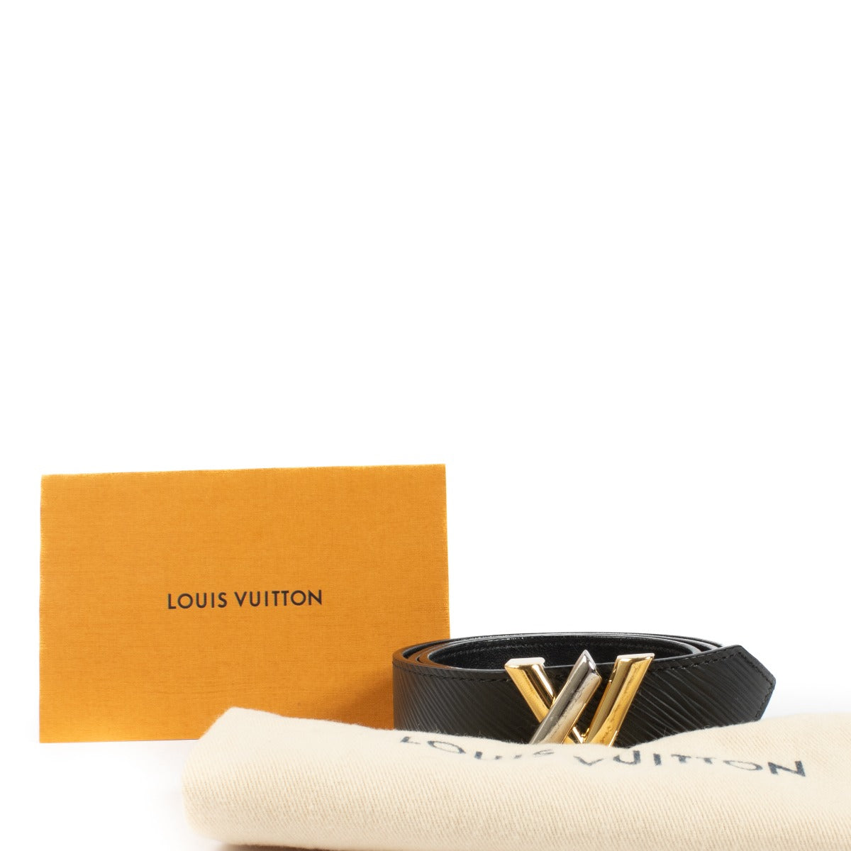Louis Vuitton Black Leather Twist Belt, size 75, with iconic monogram hardware. Shop at Labellov.