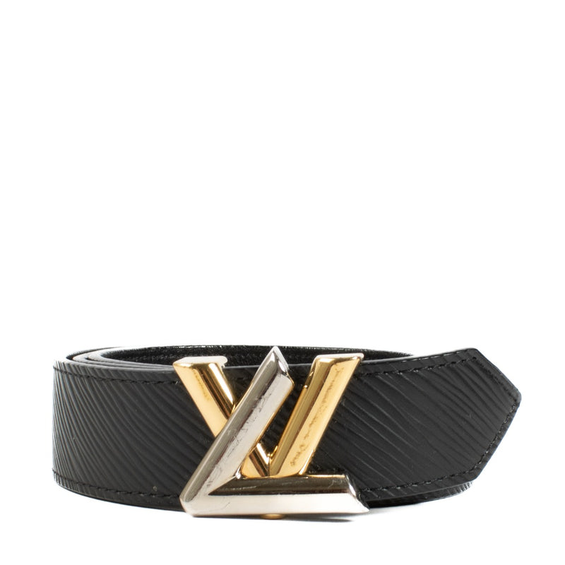 Louis Vuitton Black Leather Twist Belt, size 75, with iconic monogram hardware. Shop at Labellov.