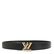 Louis Vuitton Black Leather Twist Belt, size 75, with iconic monogram hardware. Shop at Labellov.