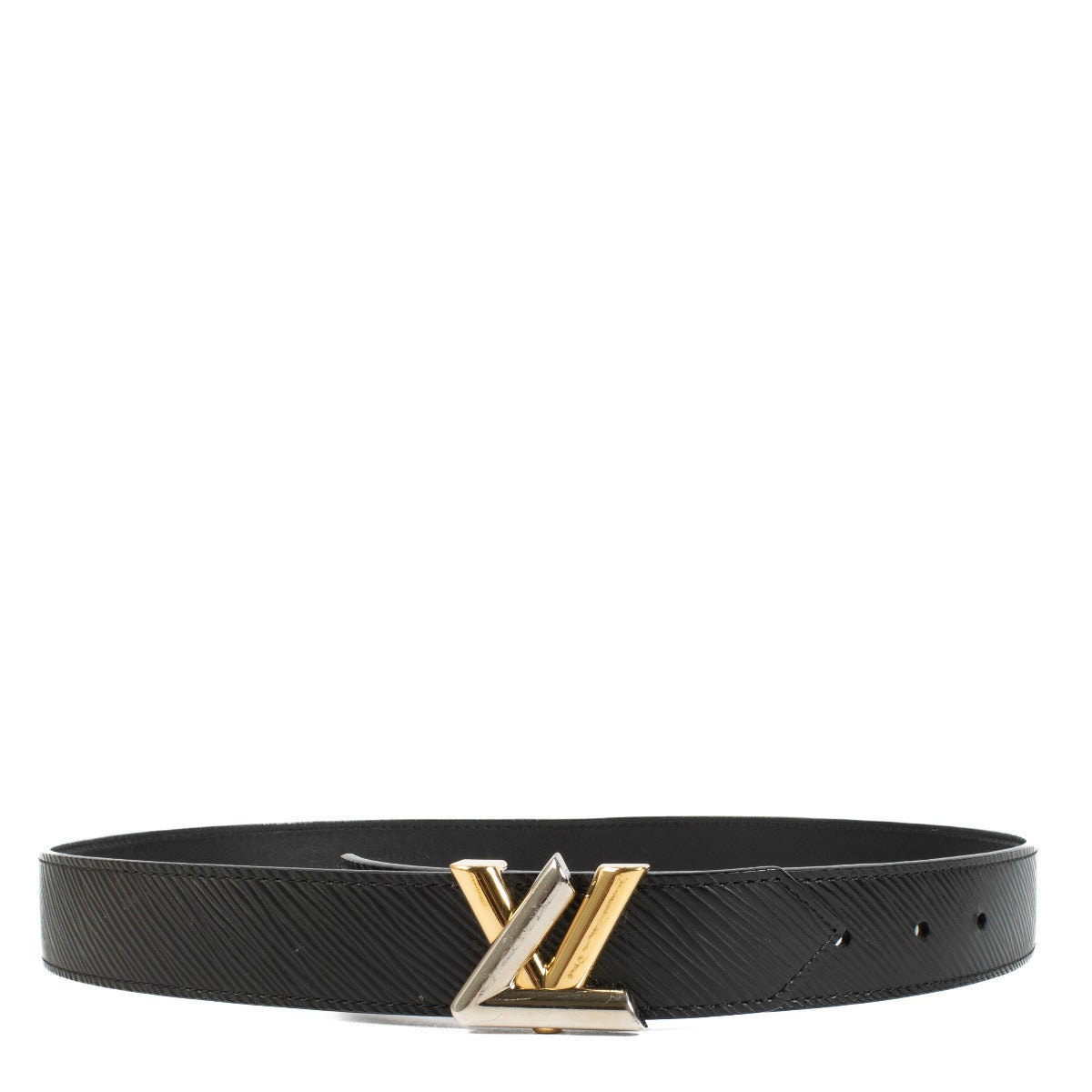 Louis Vuitton Black Leather Twist Belt, size 75, with iconic monogram hardware. Shop at Labellov.