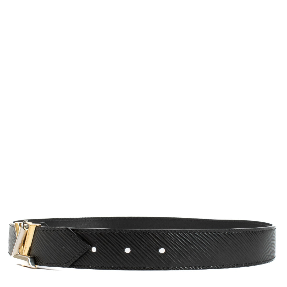 Louis Vuitton Black Leather Twist Belt, size 75, with iconic monogram hardware. Shop at Labellov.