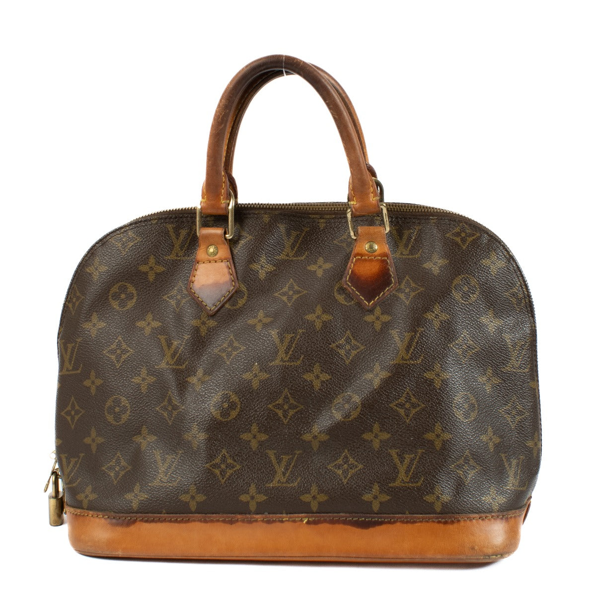 Louis Vuitton Vintage Monogram Alma PM bag with vachetta leather handles, showing signs of use and darkened patina. Classic structured silhouette with brass hardware. Shop at Labellov.