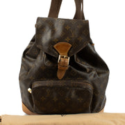 Louis Vuitton Monogram Montsouris Backpack with adjustable leather straps, front flap, and drawstring closure, featuring the iconic LV monogram canvas. Shop at Labellov.