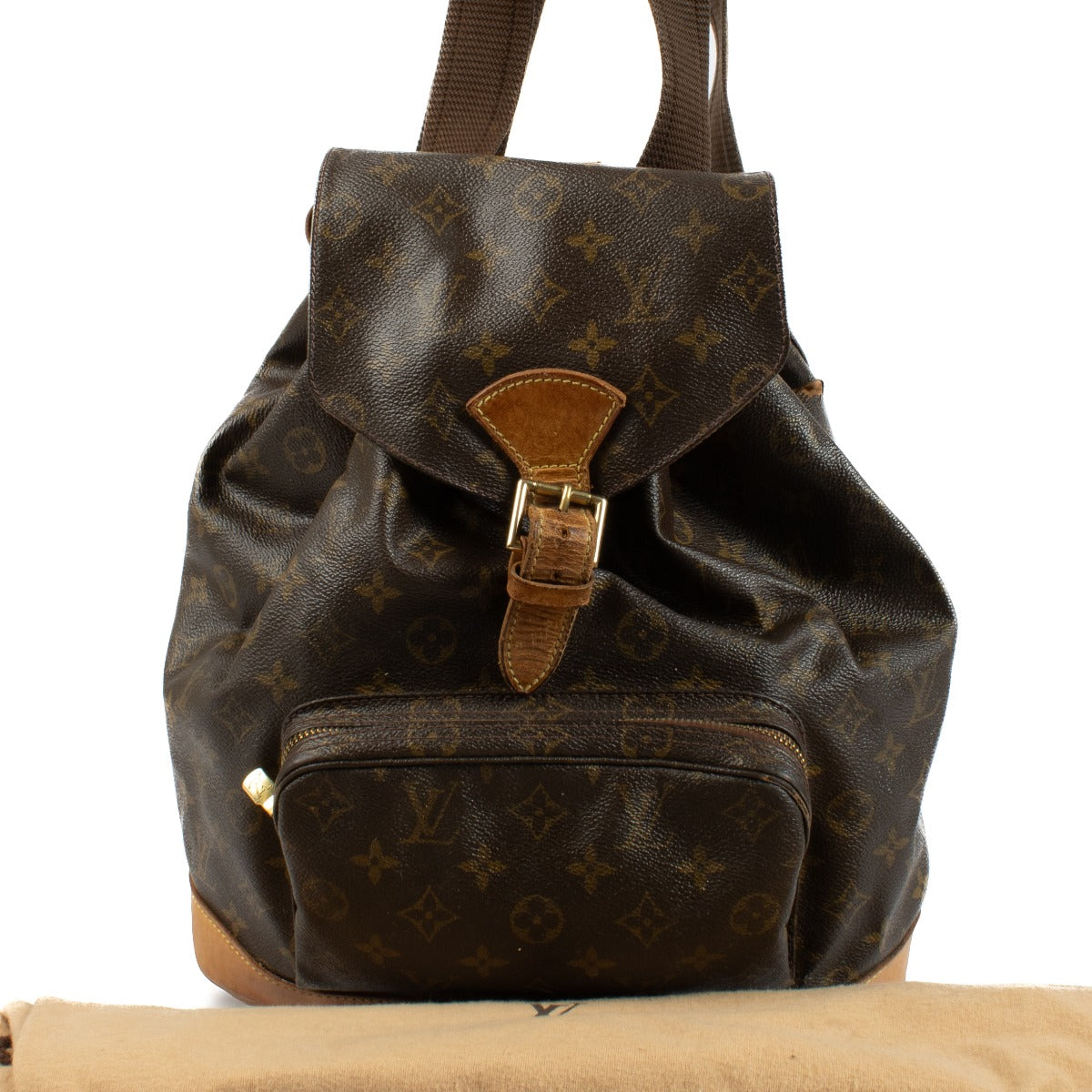 Louis Vuitton Monogram Montsouris Backpack with adjustable leather straps, front flap, and drawstring closure, featuring the iconic LV monogram canvas. Shop at Labellov.