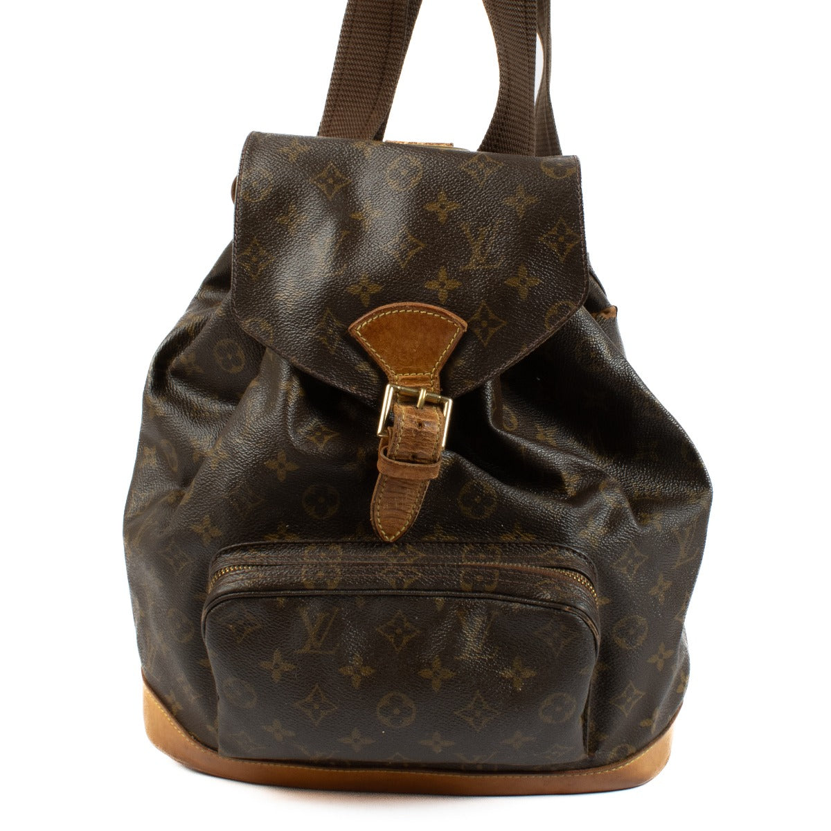 Louis Vuitton Monogram Montsouris Backpack with adjustable leather straps, front flap, and drawstring closure, featuring the iconic LV monogram canvas. Shop at Labellov.