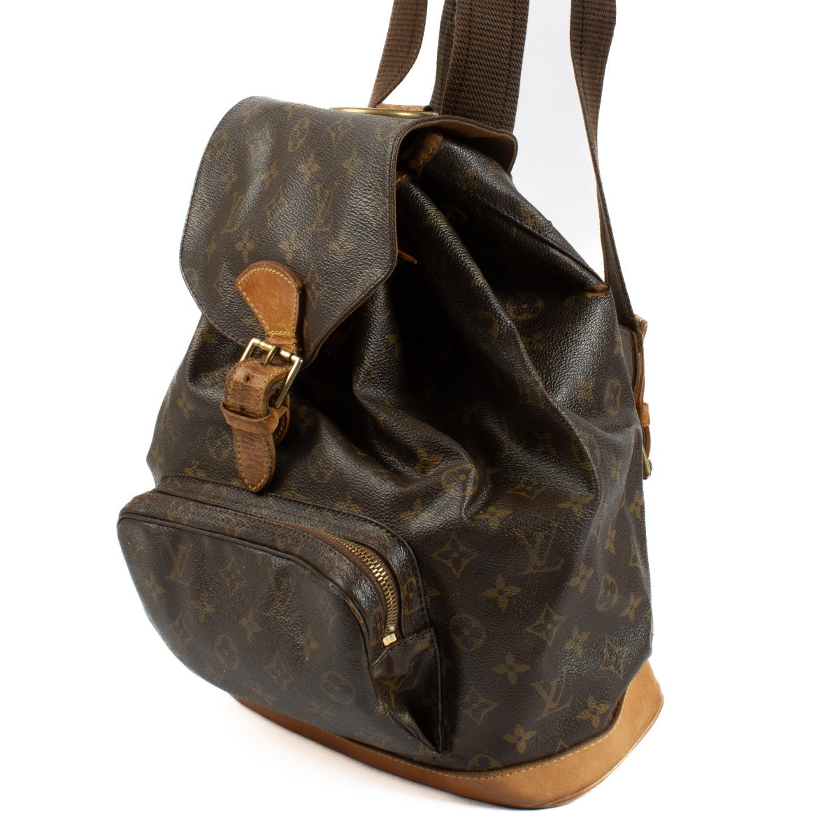 Louis Vuitton Monogram Montsouris Backpack with adjustable leather straps, front flap, and drawstring closure, featuring the iconic LV monogram canvas. Shop at Labellov.